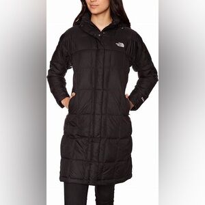North Face women’s long lightweight down coat with hood GUC black Medium